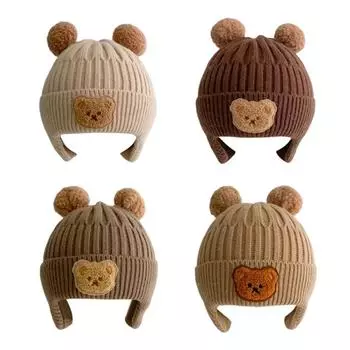 Вязаная шапка с медведем для малышей, мягкая милая осенне-зимняя теплая шапка для маленьких девочек и мальчиков, шапка-бини, защитная шапка для ушей