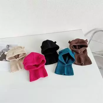 Вязаная шапка с медвежьими ушками в корейском стиле: Теплый, ветрозащитный, подходящий для родителей и детей свитер на осень/зиму. Children 46-52cm павлин голубой