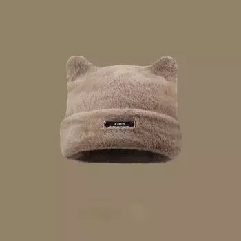 Вязаная шапка с милыми кошачьими ушками, осенне-зимняя теплая пуловерная шапка из искусственной норки, шапки для верховой езды на открытом воздухе хаки