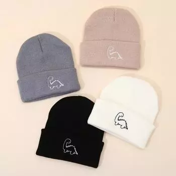 Вязаная шапка с мультяшными динозаврами для малышей, милая вышитая шапка с изображением динозавров для детей, вязаная крючком, теплая на осень, для детей 1-4 лет