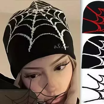Вязаная шапка с паутиной для мужчин и женщин, модная шапка-пуловер с ворсом, теплая шапка Y2k Goth, новая уличная кепка в стиле хип-хоп