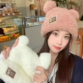 Вязаная шапка с плотным бархатом для женщин на осень и зиму белый