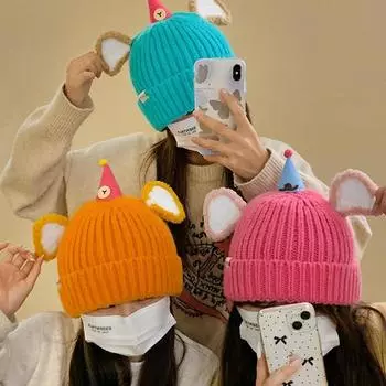 Вязаная шапка с плюшевыми ушками из мультфильма для женщин, осень и зима, новая, смешная мордашка Дамбо, маленькая теплая шерстяная шапка сапфировый