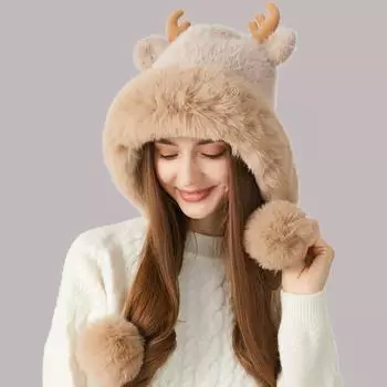 Вязаная шапка с рогами, женская зимняя толстая бархатная шапка с защитой ушей, шерстяной воротник, шерстяная шапка, теплая шапка, лыжная шапка, шапочки Skullies чёрный