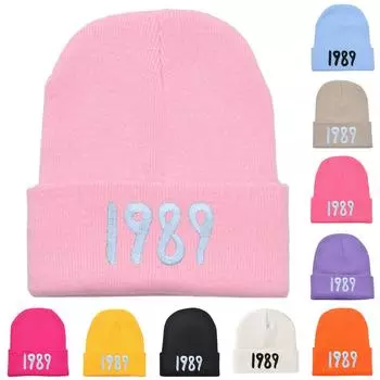 Вязаная шапка с вышивкой 1989 года, европейская и американская шляпа в стиле хип-хоп, осенне-зимняя теплая шерстяная шапка One Size чёрный