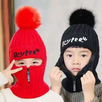 Вязаная шапка, шарф, Балаклава, детская теплая зимняя шапочка с черепами 1pc бежевый