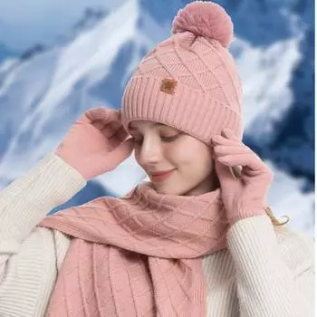 Вязаная шапка, шарф, перчатки, комплект из трех предметов, женская зимняя теплая вязаная шапка с флисом, защита для ушей для велоспорта, вязаная шапка с пряжей
