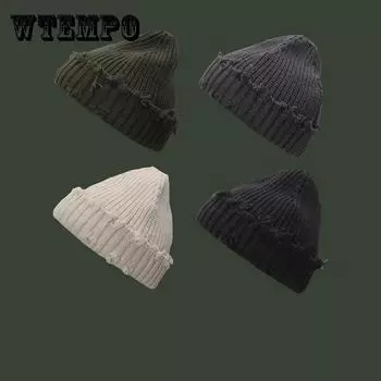 Вязаная шапка Skullies в стиле хип-хоп, осенне-зимняя утолщенная теплая мужская вязаная шапка-бини, однотонная модная уличная одежда, женские рваные шапки Skullies в стиле Харадзюку one size чёрный