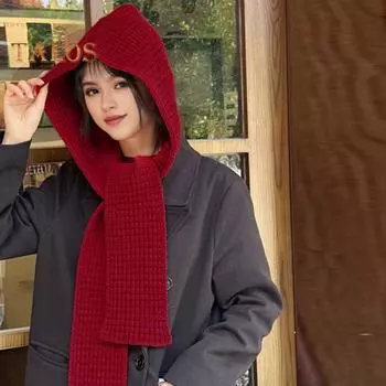 Вязаная шапка со встроенным шарфом, ветрозащитная, плотная, головной убор, обёрнутая, защитная шапка для ушей, шляпа для фотографов, двусторонний шарф, кепка для отдыха на природе вино красного