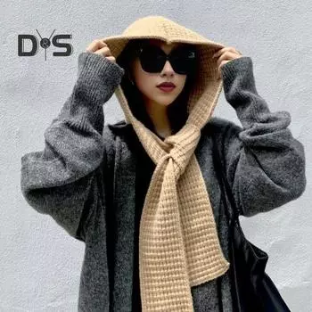 Вязаная шапка со встроенным шарфом, ветрозащитная, плотная, головной убор, обёрнутая, защитная шапка для ушей, шляпа для фотографов, двусторонний шарф, кепка для отдыха на природе чёрный