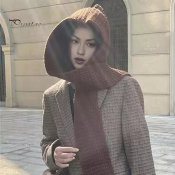 Вязаная шапка со встроенным шарфом, ветрозащитная, плотная, головной убор, обёрнутая, защитная шапка для ушей, шляпа для фотографов, двусторонний шарф, кепка для отдыха на природе вино красного