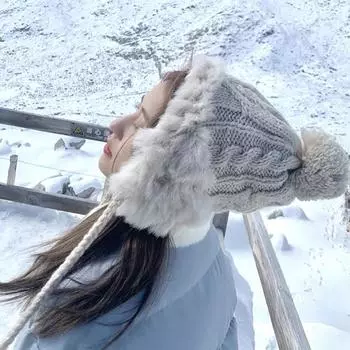 Вязаная шапка Sweet Rabbit с подкладкой из флиса и меха, незаменимое тепло зимой и осенью. Супер очаровательные с помпонами на ушах бежевый