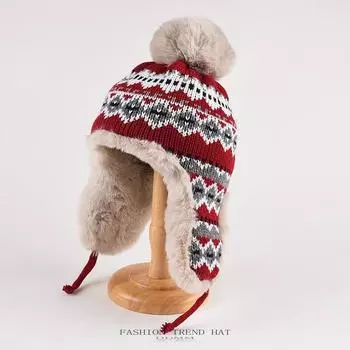 Вязаная шапка Thunderbolt, женская осенне-зимняя теплая утепленная защитная шапка с подкладкой, этническая ветрозащитная шапка из жаккардовой шерсти One Size красный