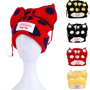 Вязаная шапка в горошек с кошачьими ушками, эластичная ветрозащитная шапка с тканевыми нашивками, защитная шапка для ушей, зимняя шапка для взрослых жёлтый