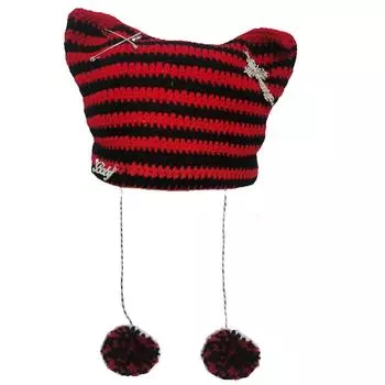 Вязаная шапка в полоску с милыми кошачьими ушками и крестиком для женщин и девочек(54-56cm) One Size