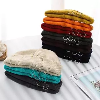 Вязаная шапка в стиле хип-хоп, рваная кепка с металлическим кольцом, однотонная теплая шерстяная пряжа, осенне-зимняя женская шапка-бини, вязаная шапка с черепом One Size