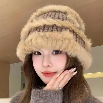 Вязаная шапка-ведро из меха кролика, женская, зима 2023, новая плюшевая утолщенная термошапка с изображением маленького лица 55-60cm