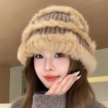 Вязаная шапка-ведро из меха кролика, женская, зима 2023, новая плюшевая утолщенная термошапка с изображением маленького лица One Size