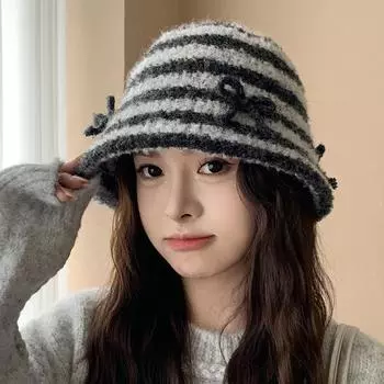 Вязаная шапка-ведро с бантом, женская рыболовная шапка, теплая шапка на осень-зиму бежевый