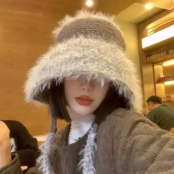 Вязаная шапка-ведро в тон, женская зимняя, с большой окружностью головы, теплая, с защитой от ушей, универсальная, ветрозащитная и холодная M56-58cm темно-серого