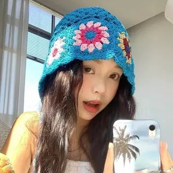 Вязаная шапка женская летняя корейская версия полая шляпа-ведро симпатичная цветная вязаная шерстяная шапка с изображением лица маленькая шляпа-ведро прилив M56-58cm озеро синий