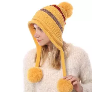 Вязаная шапка женская осень-зима с толстым бархатом, тепло, защита от холода, мягкая вязаная шапка из синели, защита ушей One Size жёлтый
