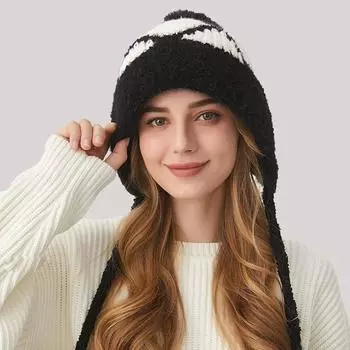 Вязаная шапка женская осенне-зимняя с мультяшными кошачьими ушками эластичная шерстяная шапка три волосяных шарика защита ушей шерстяная шапка чёрный
