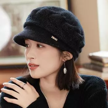 Вязаная шапка женская толстая шапка из меха кролика зимняя твист защита ушей для мам чёрный