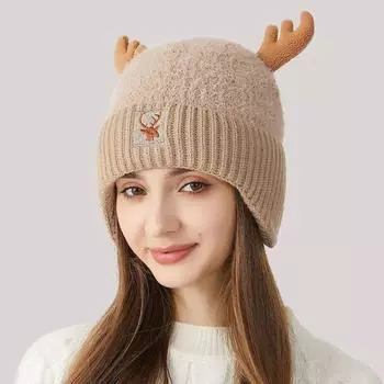 Вязаная шапка женская, защита ушей с рогами, толстая теплая шапка, женская зимняя шерстяная шапка серый