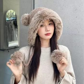 Вязаная шапка женская зимняя модная универсальная теплая шапка Lei Feng плюшевая милая шерстяная шапка-ушанка с медвежонком зимняя шапка one size fits all хаки