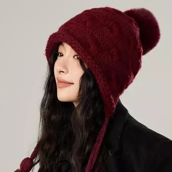 Вязаная шапка женская зимняя однотонная меховая шерстяная шапка с защитой ушей бежевый