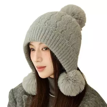 Вязаная шапка женская зимняя уличная холодная шапка с тремя волосами и защитой от ушей теплая шапка белый