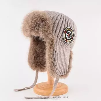 Вязаная шапка женская зимняя утепленная утепленная защита ушей шапка Lei Feng имитация кроличьей шерсти холодная шерстяная шапка One Size серый