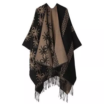 Вязаная шерстяная двухсторонняя шаль-накидка, женская шаль с бахромой для сохранения тепла 160-135CM