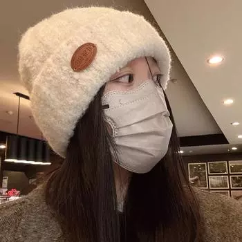 Вязаная шерстяная шапка детская осенне-зимняя модная трендовая брендовая теплая маркировка однотонная сумка-мешок холодная шапка M (56-58cm) small round label wool cap белый