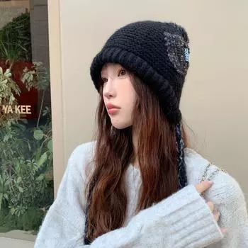 Вязаная шерстяная шапка детская осенне-зимняя новая большая окружность головы показывает лицо маленькая защитная шапка для ушей универсальная наклейка головной убор тренд M (56-58cm) Small pocket drawstring