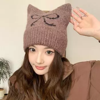 Вязаная шерстяная шапка с кошачьими ушками для детей на осень и зиму, симпатичная теплая, закрывающая уши, холодная шапка, показывающая лицо, маленькая шапка-мешок average size (56-58cm) чёрный