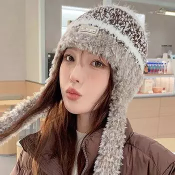 Вязаная шерстяная шапка в этническом стиле, осенне-зимняя женская сшитая полосатая утолщенная теплая и морозостойкая шапка-пуловер с защитой от ушей, шапка Lei Feng [Color matching knitted wool hat] хаки