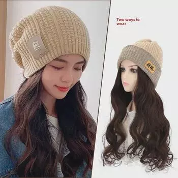 Вязаная шерстяная шапка в стиле знаменитости с длинным париком из вьющихся волос — полное покрытие головы для женщин