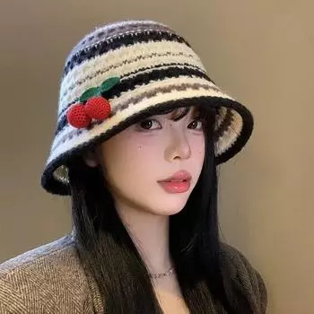 Вязаная шерстяная шапка-ведро в полоску вишневого цвета, женская осенне-зимняя, милая шапка-ведро, большая окружность головы, показывающая лицо, маленькая шапка M56-58cm