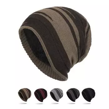 Вязаная шерстяная шапка, зимняя кашемировая теплая шапка Skullies, пуловер в полоску контрастного цвета, кепка с рукавами, мужская уличная шапка, лыжная кепка тёмно-синий