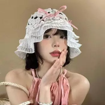 Вязаная шляпа-ведро с ажурным бантом, женская солнцезащитная козырек, солнцезащитное лицо, маленькая кружевная шляпа, японская шляпа с большой окружностью головы, прилив M (56-58cm) Bow Baotou Snowflake Lace Edge белый