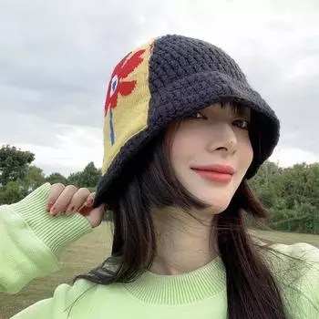 Вязаная шляпа-ведро женская модная брендовая осенне-зимняя универсальная черная шапка-ракушка с цветочным узором из шерсти M56-58cm чёрный