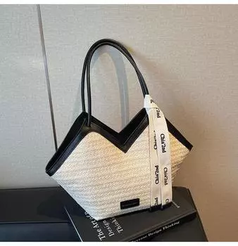 Вязаная соломенная сумка большой вместимости женская весна-лето 2025 новая нишевая на одно плечо для отпуска на море пляжная сумка-тоут чёрный