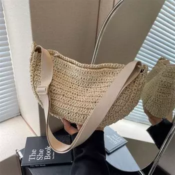 Вязаная соломенная сумка большой вместимости женская весна-лето 2025 новая нишевая сумка-мессенджер в форме пельменя, высококлассная пляжная сумка