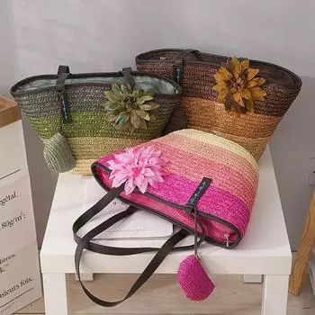 Вязаная соломенная сумка, летние цветочные богемные модные женские сумки, сумки на плечо в цветную полоску, пляжные 45*15*30cm армия зеленый