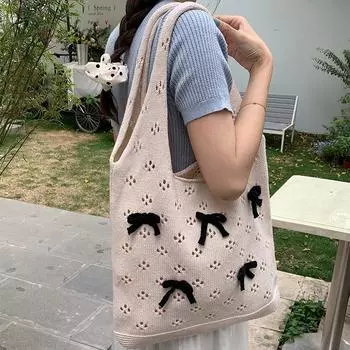 Вязаная сумка-бантик, летняя вязаная сумка Hundred, сумка через плечо Premium Sense Niche, большая вместимость абрикосовый