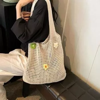 Вязаная сумка через плечо, большая вместимость, ажурная сумка через плечо, пляжная сумка с 3D-вязаными цветами для шопинга, отдыха, повседневных выходов абрикосовый