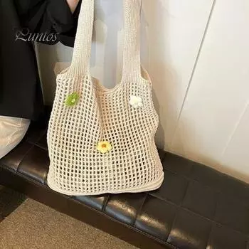Вязаная сумка через плечо, большая вместимость, ажурная сумка через плечо, пляжная сумка с 3D-вязаными цветами для шопинга, отдыха, повседневных выходов абрикосовый