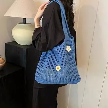 Вязаная сумка через плечо, большая вместимость, сумка-тоут через плечо, пляжная сумка синий